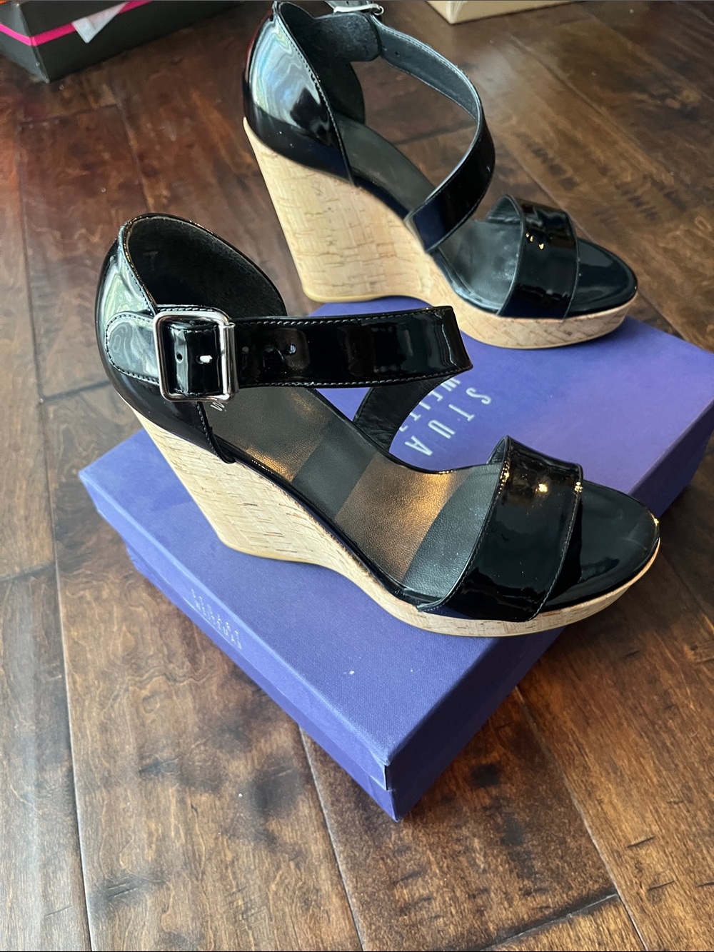 Stuart Weitzman Black Patent Cork Wedge Sandals with Ankle Strap - Picture 8 of 9